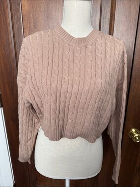 Altar'd State Cropped Cable Knit Crewneck Sweater in Dusty Mauve